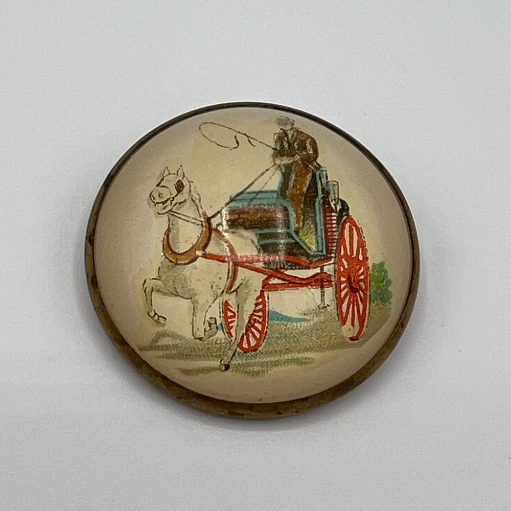 Antique horse brooch pin glass & brass bridle rosette. C. 1880.